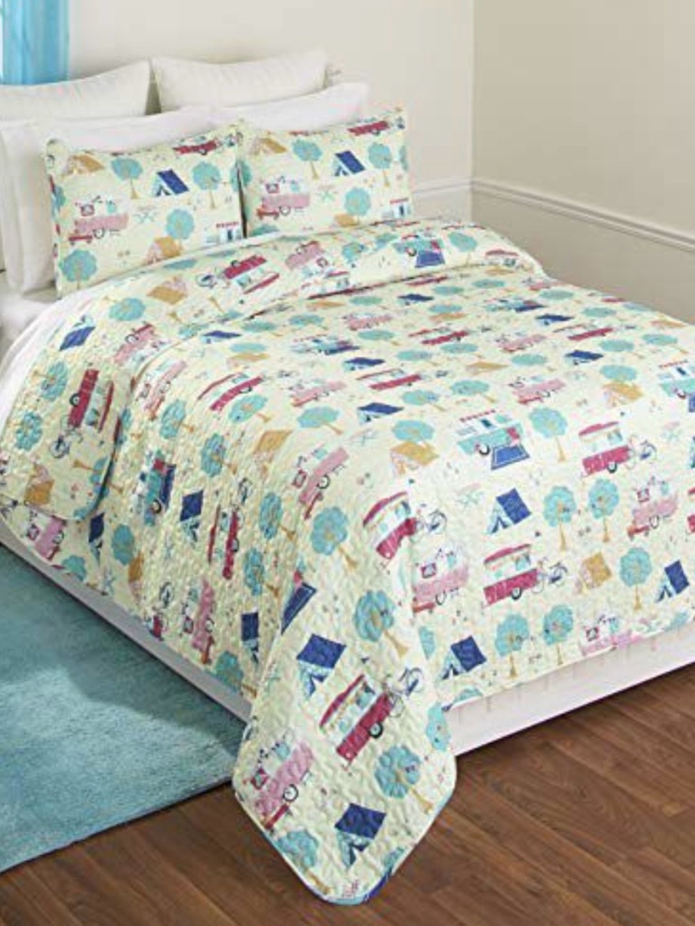Camper Print Quilted Bedspread in Cream & Blue